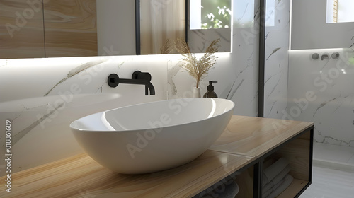 a white bowl sink sitting on top of a wooden counter