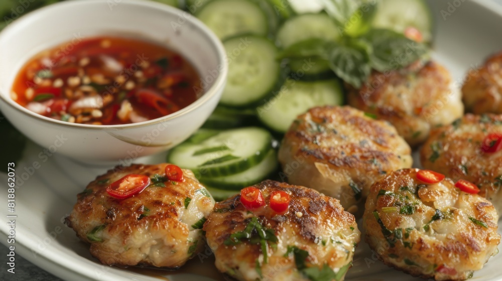 Flavorful Thai fish cakes served with a side of cucumber salad and sweet chili sauce