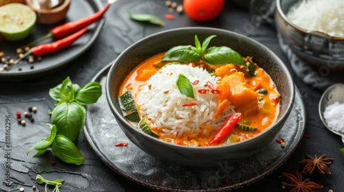 Fluffy coconut rice served with a side of spicy red curry and vegetables