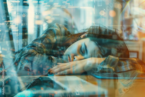 Someone accidentally falling asleep for a moment at a desk, showing the struggle with fatigue focus on, work, realistic, Double exposure, office backdrop photo