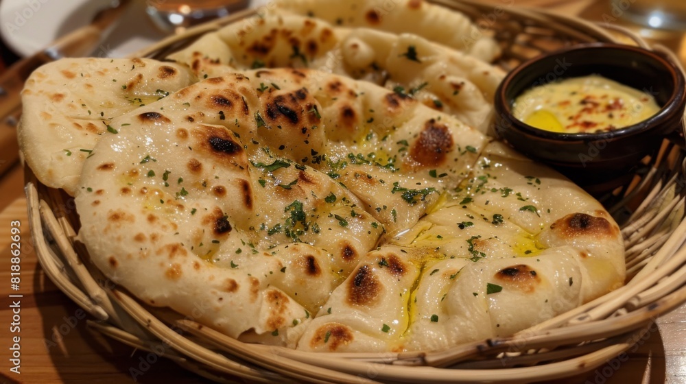 Fluffy naan bread with a side of garlic butter, served in a basket Fluffy naan bread with a side of garlic butter, served in a basket