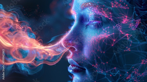 Close-up of Womans Nose with Futuristic Digital Elements and Glowing Particles photo