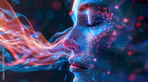 Close-up of Womans Nose with Futuristic Digital Elements and Glowing Particles