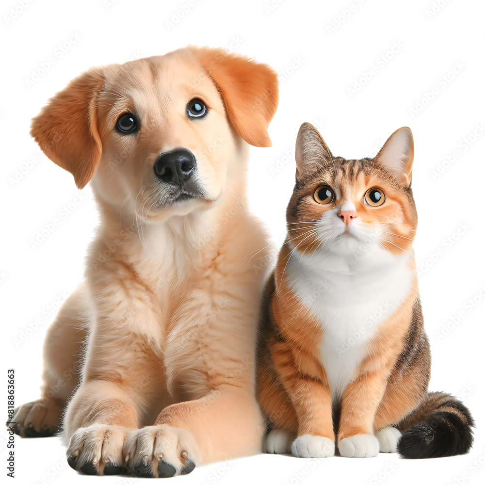 cute dog and cat sitting on white background PNG
