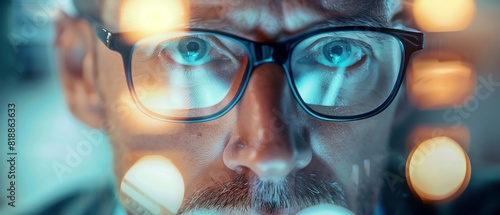 Serious face of a person concentrating on a task, highlighting focus and determination close up, work, realistic, Double exposure, office backdrop photo