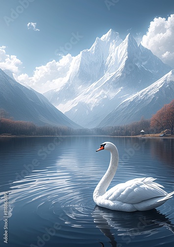 Majestic Swan Gliding on Serene Lake with Snow-Capped Mountains in Background © atdigit