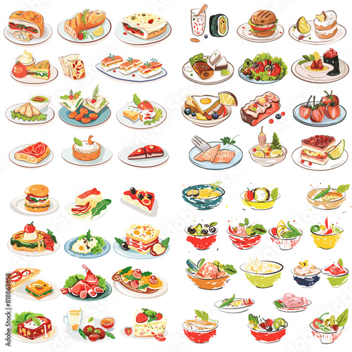 Hand-drawn gourmet food illustrations featuring salads, seafood, sushi, desserts, pasta, and fresh ingredients, perfect for menus, food blogs, restaurants, and culinary inspiration.