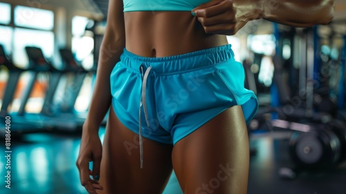 Gym Workout Energy: Close-Up of Woman Adjusting Bright Blue Shorts with Modern Fitness Equipment