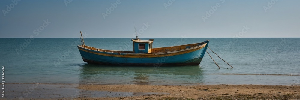 A fishing schooner on the shore of a picturesque bay.