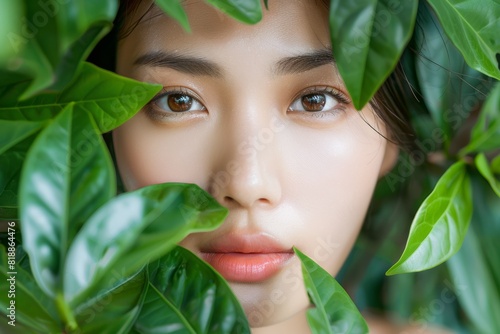 Natural Skincare with Green Tea Serum - Close-Up of Woman's Face Surrounded by Fresh Green Leaves