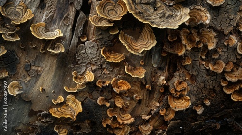 Fungi of various shapes and sizes thriving on the decomposing wood of a tree trunk