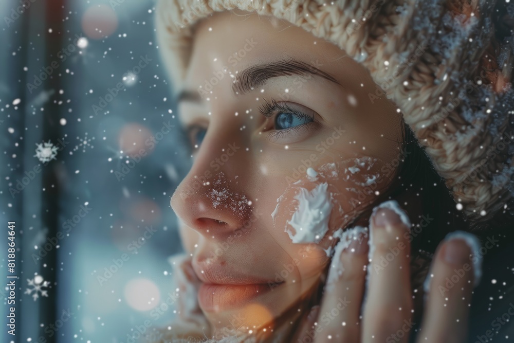 Winter Skincare: Woman Applying Rich Cream to Chapped Skin with Snowflakes Outside - Perfect for Seasonal Skincare Promotions