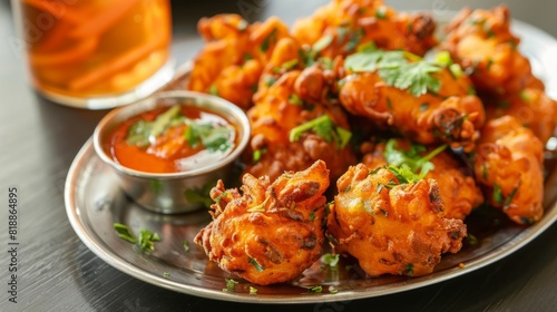 Golden, crispy pakoras served with a side of tangy tamarind chutney photo