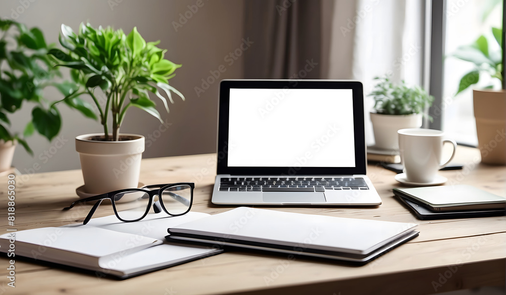 Laptop device mock-up template design on office workplace desk white mockup Laptop device mock-up template design on office workplace desk white mockup