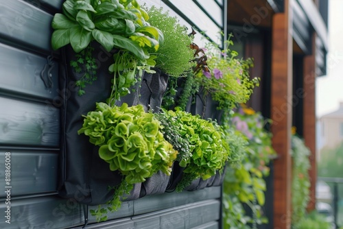Balcony herb garden concept. Modern horizental lush herb garden planter bags hanging on city apartment balcony wall photo
