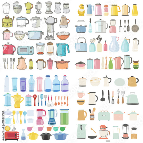 Hand-drawn kitchenware illustrations featuring cookware, kettles, bottles, utensils, blenders, pots, and storage containers, perfect for home cooking, kitchen decor, and culinary inspiration.