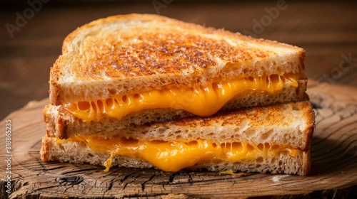 Gooey grilled cheese sandwich with melted cheddar between buttery toasted bread slices photo