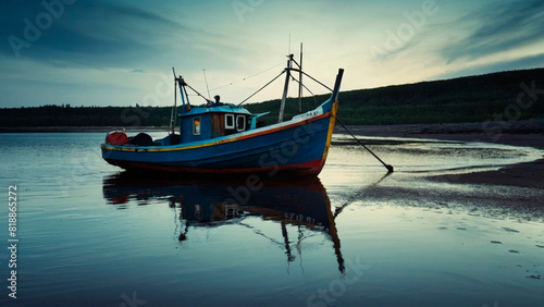 A fishing schooner on the shore of a picturesque bay.