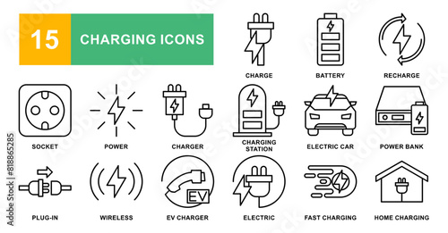 Charging icon set. Containing charge, battery, energy, electricity, charger, recharge, electric car and charging station icons. Solid icon collection. Vector illustration.