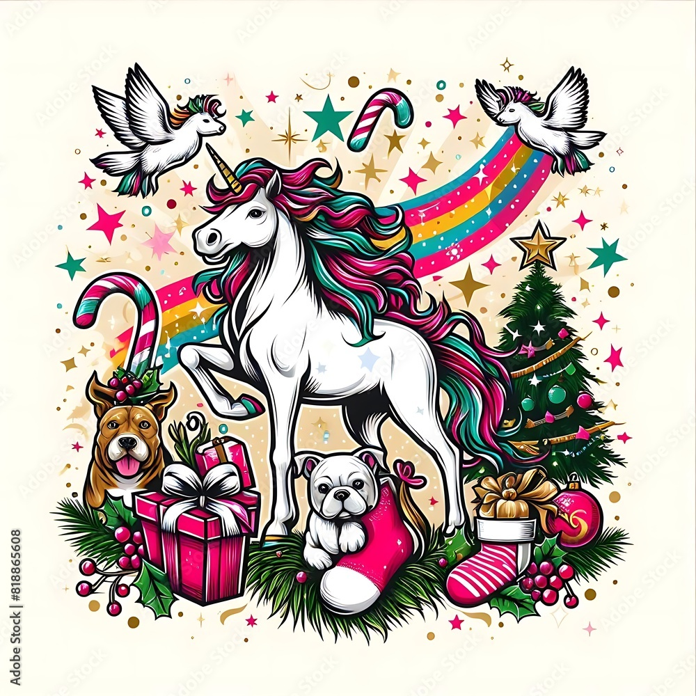 A unicorn and dog with gifts and rainbow realistic lively harmony lively.