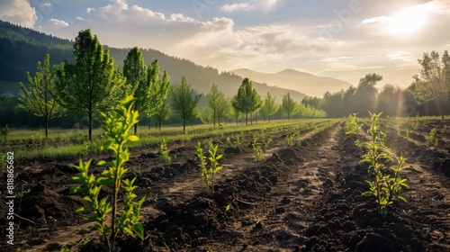 Green landscape with newly planted trees contributing to the fight against global warming photo