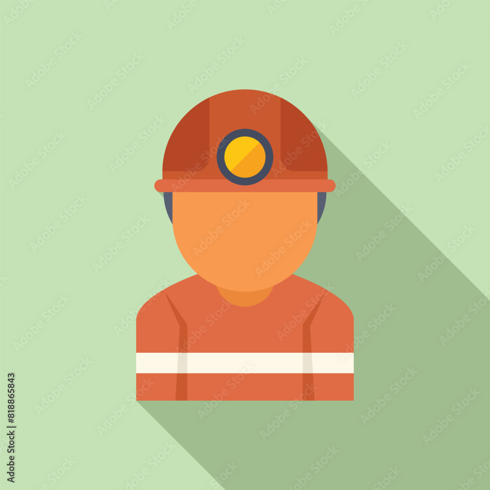 Cartoon miner avatar icon with yellow safety helmet and headlamp in flat design representing a professional occupation in the mining industry