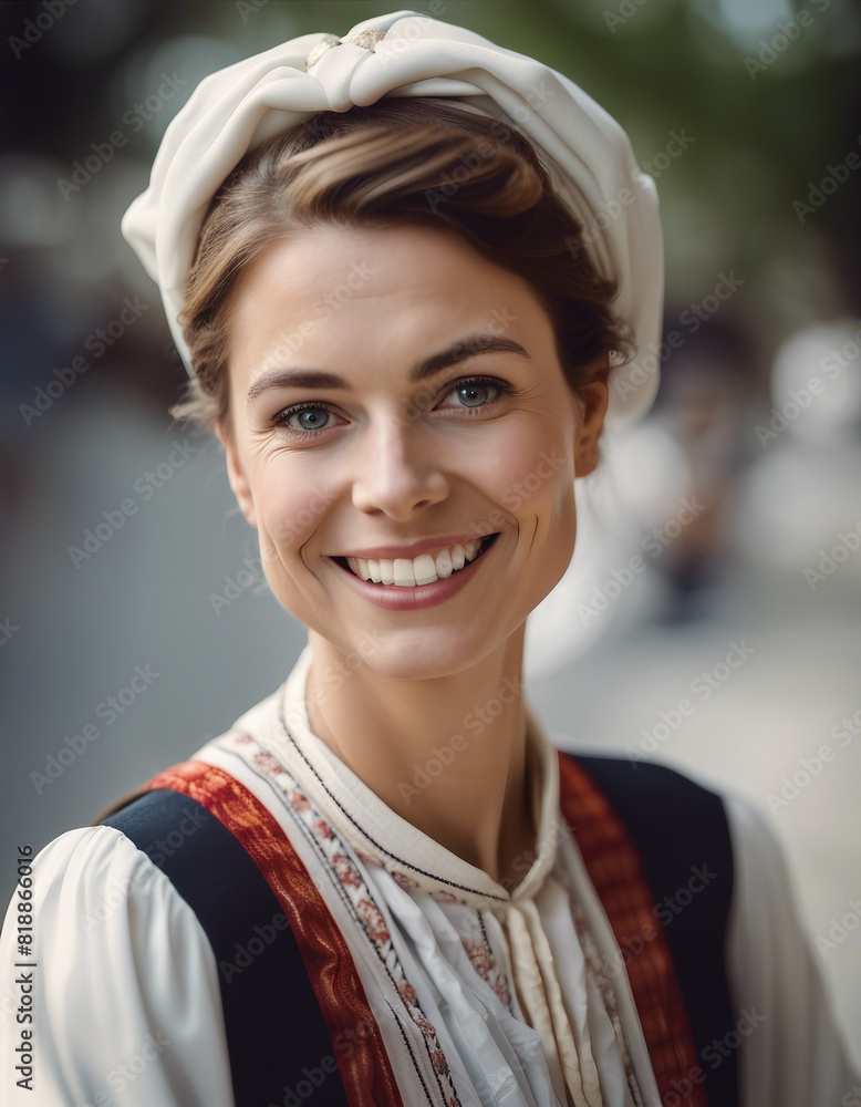 portrait of a French woman in traditional dress with a sincere smile ...