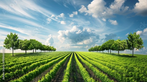 Green landscape with rows of trees planted to combat the effects of climate change