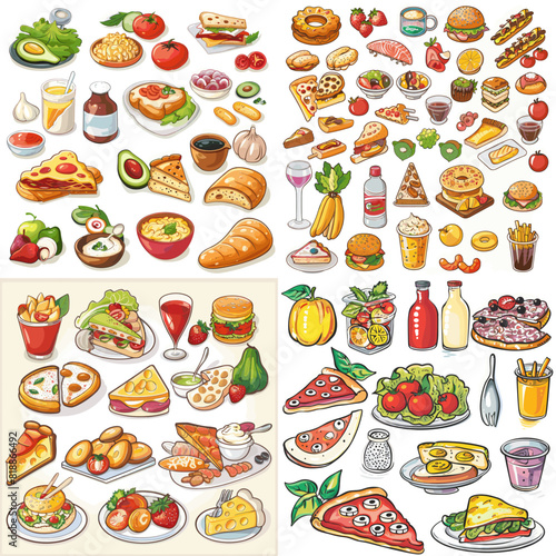 Hand-drawn food illustrations featuring pizza, burgers, sandwiches, desserts, fruits, bread, and gourmet dishes, perfect for menus, food blogs, restaurants, and culinary design.