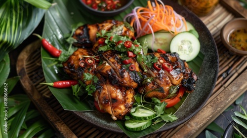Grilled chickenmarinated with Thai spices, served with a side of fresh vegetables