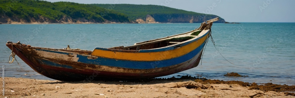 A fishing schooner on the shore of a picturesque bay. A fishing schooner on the shore of a picturesque bay.