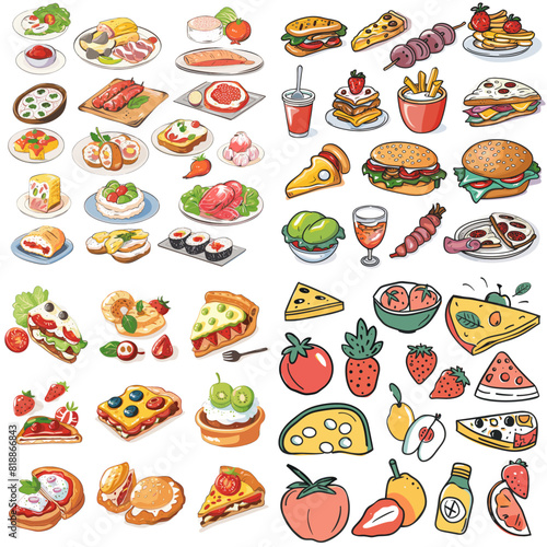 Hand-drawn food illustrations featuring burgers, pizza, sushi, desserts, fruits, and gourmet dishes, perfect for menus, food blogs, restaurants, and culinary inspiration.