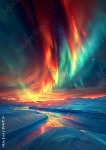 Aurora Borealis Illuminates Snow-Covered Landscape with Vibrant Colors and Starry Sky