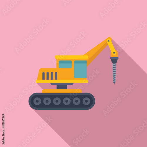 Flat design illustration of a yellow cartoon excavator with a drill attachment, isolated on a pink background