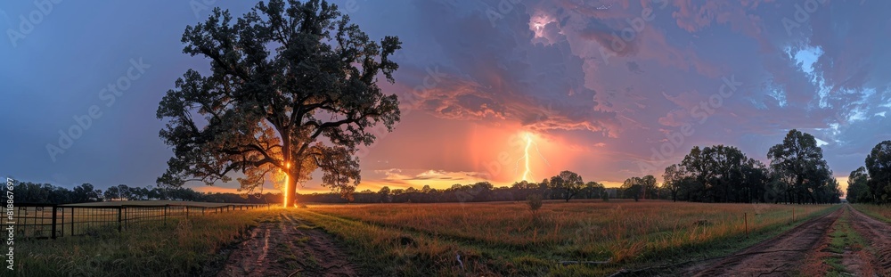 Fototapeta premium Dramatic Split Tree Struck by Powerful Lightning Bolt on Stormy Night. Extreme Nature Disaster, Weather Phenomenon, and Outdoor Danger Concept.