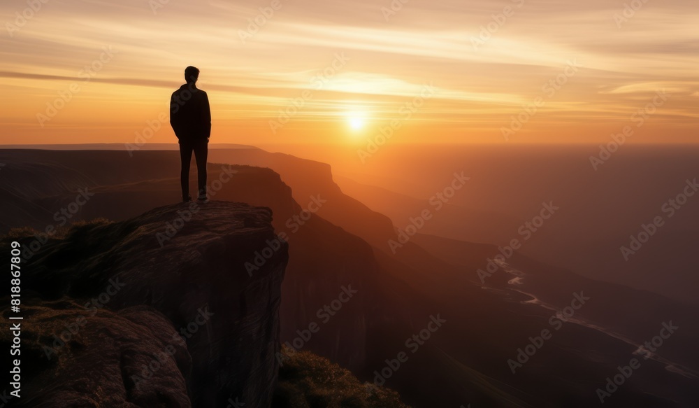 Man standing on top of cliff at sunset Man standing on top of cliff at sunset