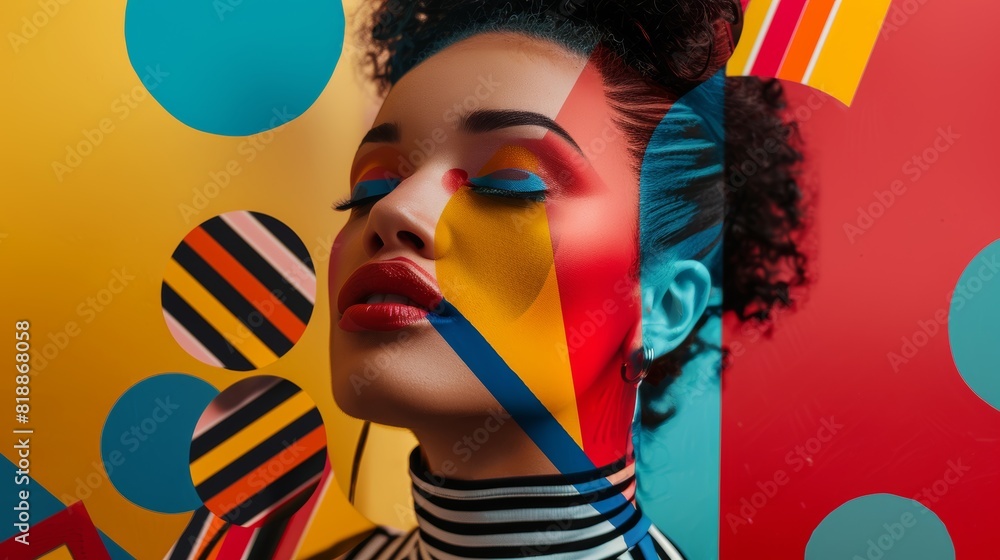 Obraz premium Avant-Garde Skincare Photo Shoot: Woman with Abstract Shapes and Bold Colors - Modern Art Aesthetics for Skincare Design