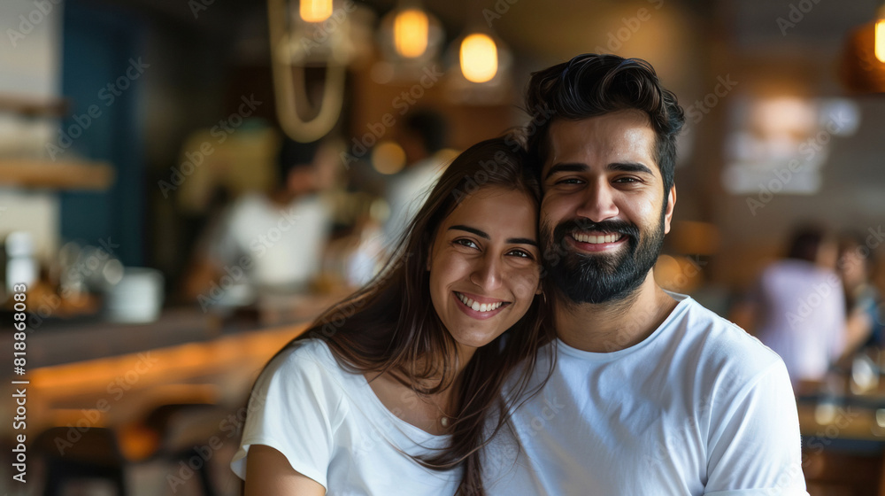Obraz premium young indian couple standing at luxurious restaurant