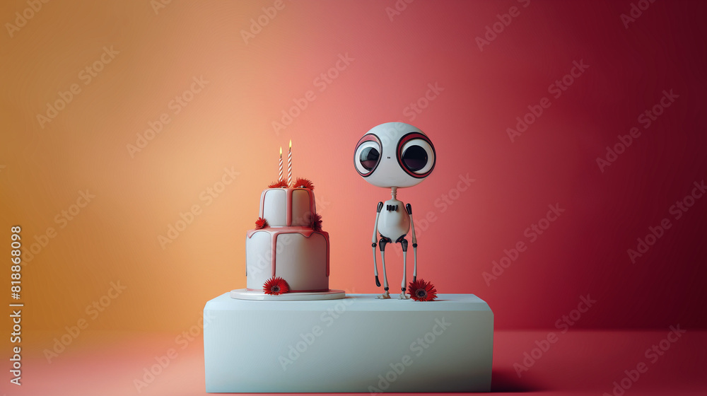 Cute robot character with big eyes, Halloween birthday party Cute robot character with big eyes, Halloween birthday party
