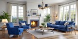 Two armchairs and a sofa near a fireplace in strict blue colours. French country interior design of a modern living room. The concept of a cosy, modern and respectable home.