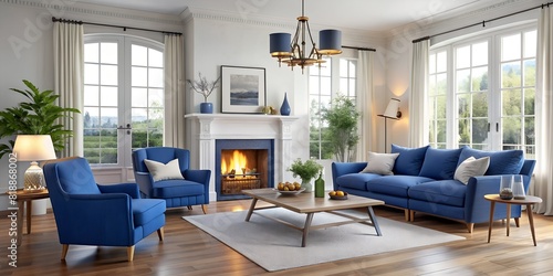 Two armchairs and a sofa near a fireplace in strict blue colours. French country interior design of a modern living room. The concept of a cosy, modern and respectable home. photo