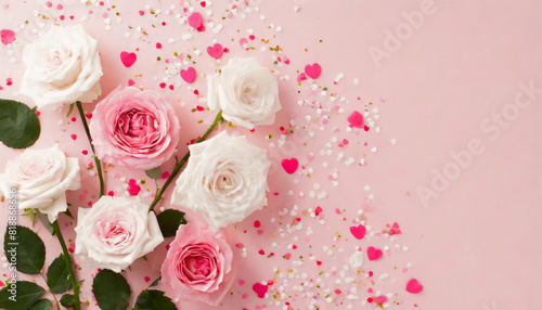 Mother s Day concept. Top view photo of small white and pink roses small hearts and sprinkles on isolated pastel pink background with copyspace 