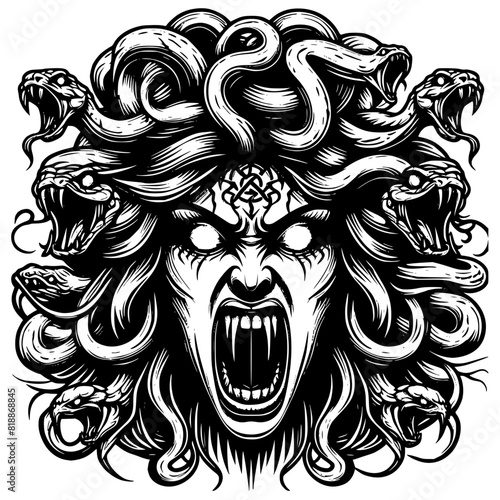 Angry medusa, medusa head vector, tattoo design serpent and medusa.