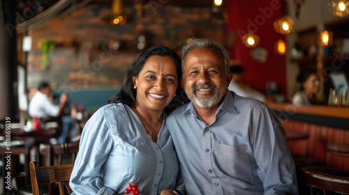 happy mid aged indian couple standing at luxurious restaurant