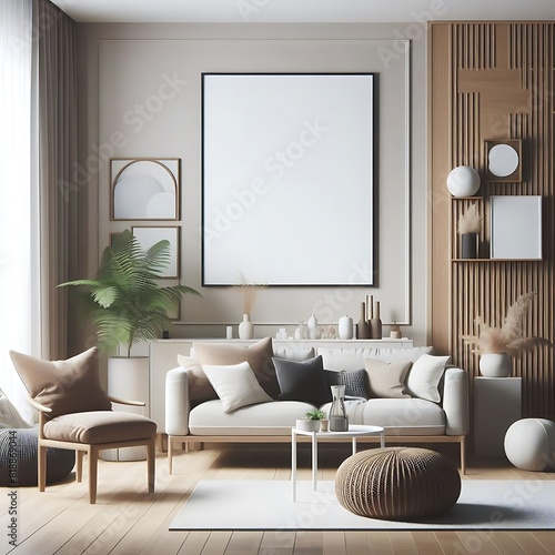 A living Room with a mockup poster empty white and with a couch and a table art image lively has illustrative image.