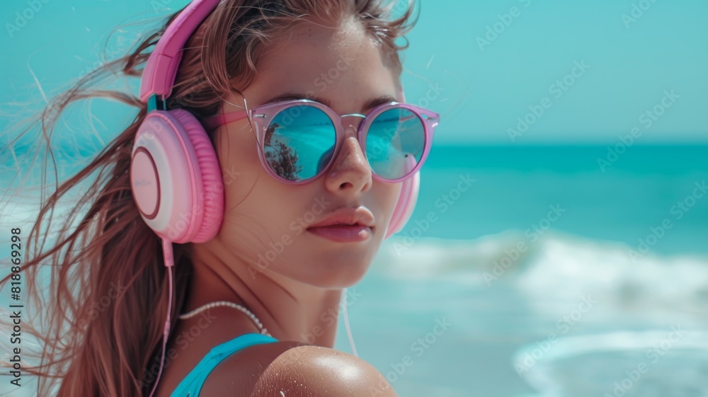 Beautiful woman with sunglasses enjoy summer at the beach. Creative travel poster. Beautiful woman with sunglasses enjoy summer at the beach. Creative travel poster.