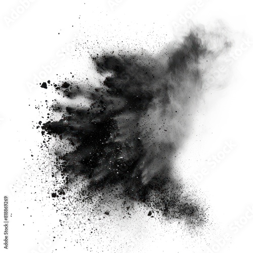 Explosion of black colored powder. Close up dust isolated on white background, with full depth of field and deep focus fusion