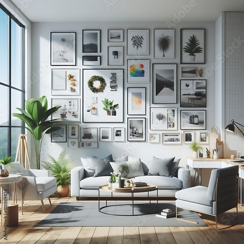 A living Room with a mockup poster empty white and with a couch and chairs art card design lively attractive.
