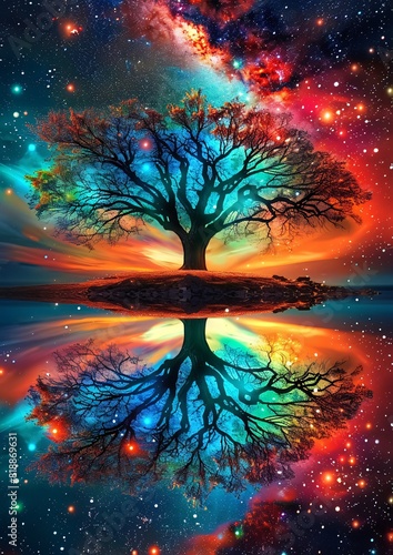 Vividly Colored Tree Reflecting in Water with Cosmic Background at Night