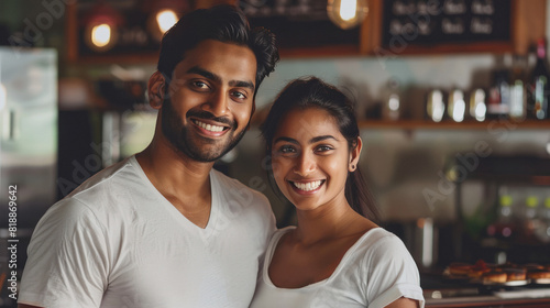 young indian couple standing at restourant